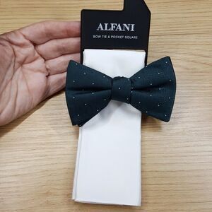 ALFANI Mens Bow Tie & Pocket Square Green Basketweave Jacquard Micro Dot